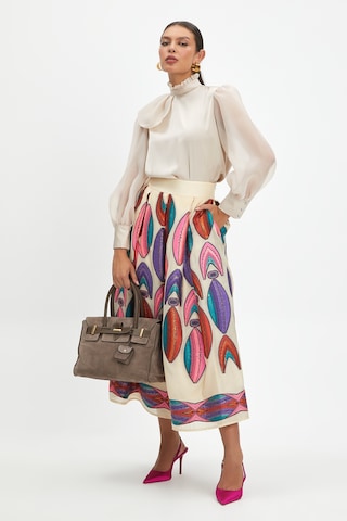 Kadın Desenli Midi Boy Etek - Canlı Renkli İşlemelerle Özel Gün Ve Günlük Kombinler İçin Şık Tasarım Bej