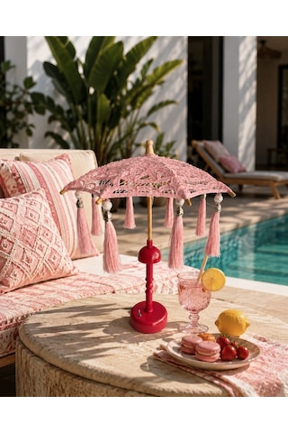 Missidea Dantel Soft Pink Bohem Dekoratif Şemsiye Lambası Pembe