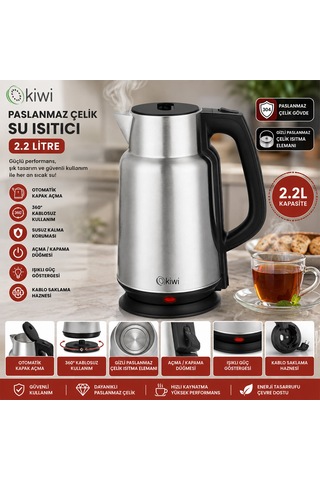 Çelik - Sürahi Model Kettle Elektrikli Su Isıtıcısı Paslanmaz Çelik Gizli Rezistans 360 2.2lt 1500w