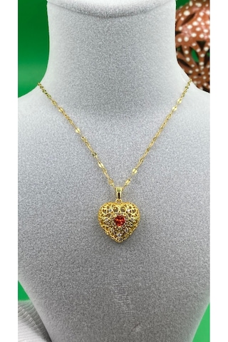Gold Renk Yakut Kırmızısı Zirkon Taşlı Kalpli Kadın Çelik Kolye Altın