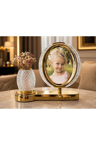 Kişiye Özel Fotoğraflı Kristal Oval Çerçeveli Led Masa Lambası-dekoratif Abajurlu Hediye Gold