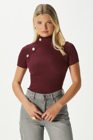 Ritnice Kadın Shine Gold Düğmeli Yarım Boğazlı Kısa Kol Bordo Fitilli Pamuk Bluz Bordo
