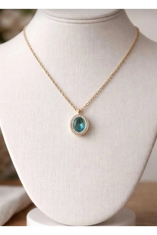 Lunarie 14k Gold Çelik Oval Halo Taşlı Kolye Küpe Takı Seti Altın