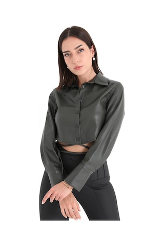 İçi Kadife Bağcıklı Kadın Kısa Deri Gömlek - Haki-haki Haki