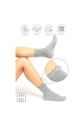 Bambu Kadın Lastiksiz Gri Fırfırlı Soket Dikişsiz Çorap 3'lü Paket / İz Bırakmaz / Sıkmayan Çorap Renkli