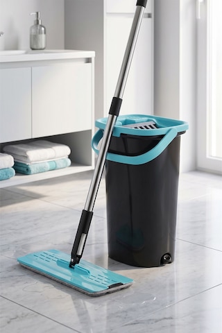 Compact Tablet Mop Temizlik Seti - Mikrofiber Paspas Ve Sıkma Hazneli Kova Siyah/mavi