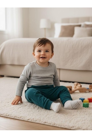 Zekids Erkek Çocuk Pamuklu Lastikli Duble Paça Eşofman Altı-16388 Yeşil