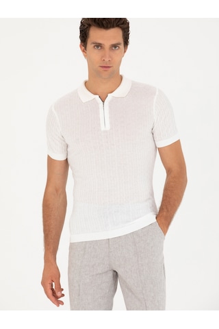 Beyaz Slim Fit Polo Yaka Triko T-shirt