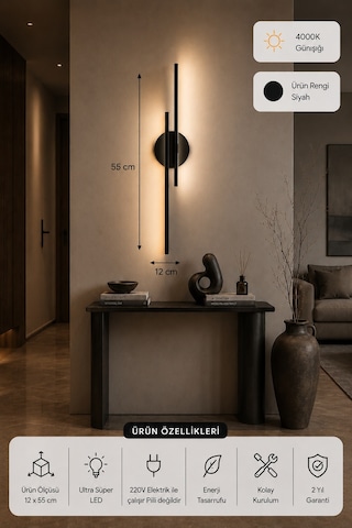 Aden Modern Led Duvar Apliği Günışığı Siyah