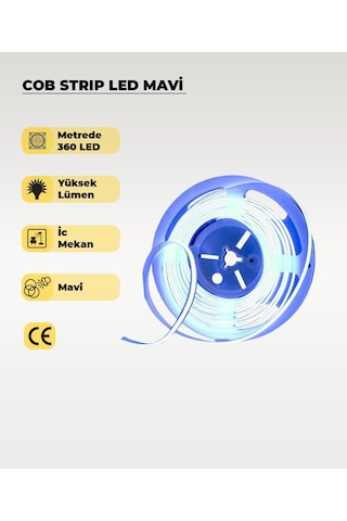 12v Cob Şerit Led Mavi Işık - Metrede 360 Led - 5 Metre 5 METRE