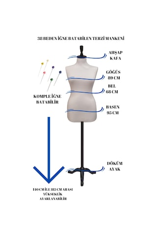Döküm Ayaklı 38 Beden Sünger İğne Batabilen Terzi Prova Mankeni B
