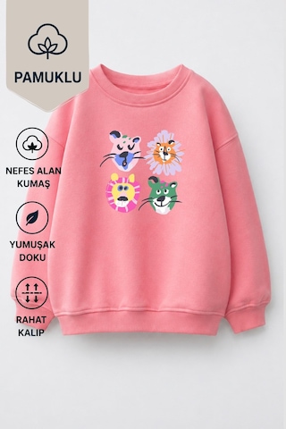 Monila Kız Çocuk 3 İplik Kumaş Pamuklu Hayvan Baskılı Sweatshirt Pembe