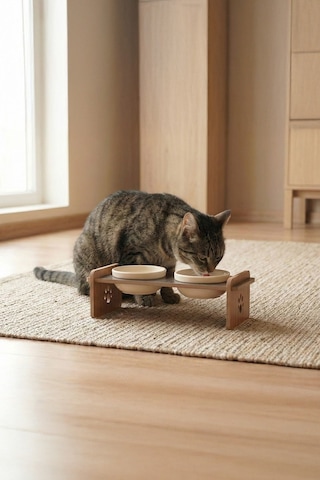 Ahşap Standlı Seramik Kaseli Kedi Ve Köpekler İçin Mama-su Kabı Antrasit