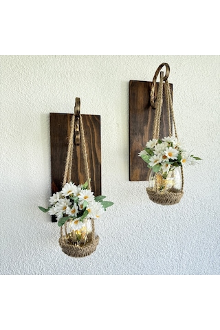 Papatya Çiçekli, Ledli Ceviz Aplik, 2’Li Set Diğer