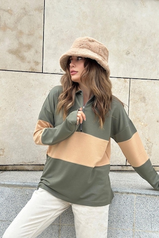 Kadın Haki Uzun Kol, Dik Yaka, Fermuarlı, Double Color Block Basic Sweatshirt Bluz Haki