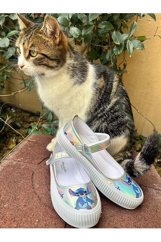 Scarpe Magiche Stitch Kız Çocuk Hologram Parlak Babet Cırtlı Ayakkabı 31-35 Numara Arası Işıksızdır Gümüş