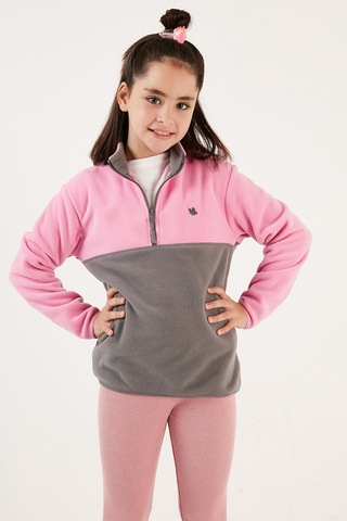 Lela Yumuşak Dokulu Yarım Fermuarlı Renk Bloklu Dik Yaka 2'Li Paket Çocuk Polar 5905004S2 Mor Siyah-Şeker Pembe Gri