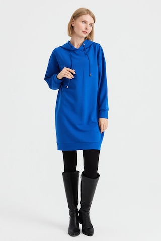 Desen Triko Kadın Kapüşonlu Sweat Elbise Saks Saks