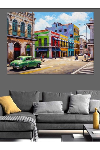 Ahşap Tablo Renkli Binalı Nostaljik Şehir Sokağı Obje Tabloları