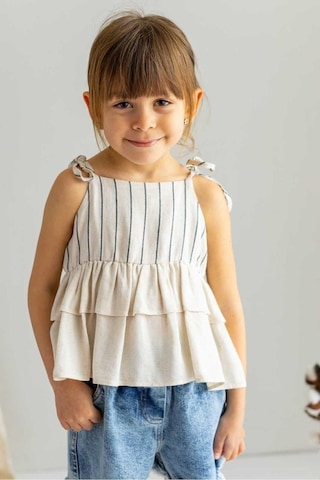 Oliventhekid Bej Gri Çizgili Naturel Keten Uçları Fırfırlı Omuzları Bağcıklı Ip Askılı Bluz Üst Bej Bej