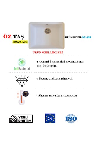 Öztaş ÖZ-43b Granit Mutfak Eviye Beyaz Tek Gözlü 43 x 55 CM