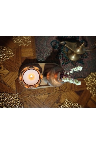 Efruz Antik Bakır Görünümlü 3'lü Dekoratif Set - Lotus Tealight Mumluk, Çizgili Mini Vazo Ve Sunum Tablası