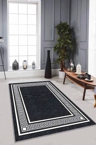 Antrasit Çerçeveli Kaymaz Tabanlı Dekoratif Halı Rv030n11