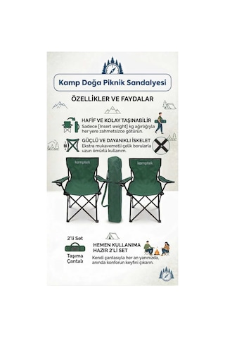 Kamptek Kamp Sandalyesi Seti - Katlanabilir Piknik, Bahçe Ve Plaj Sandalyesi - Taşıma Çantalı & Bardaklıklı Sağlam İskelet Yeşil2