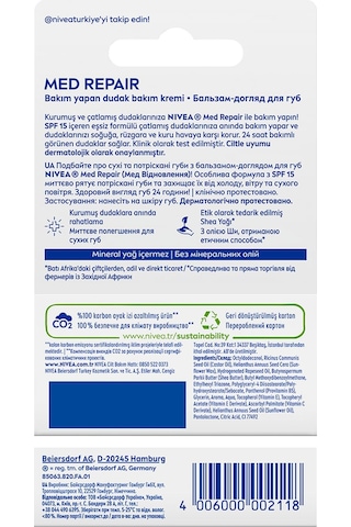 Nıvea Med Repair Dudak Bakım Kremi, 24 Saat Nem,doğal Yağlar İle Çatlamış Dudak Bakım,spf 15 4,8 Ml Sku: Smg8690010393579