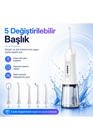 Şarjlı Ağız Duşu 320 Ml Su Hazneli 4 Modlu 20-140 Psı 1500 Mah Type-c Ipx7 5 Başlıklı Taşınabilir Ağız Bakım Cihazı