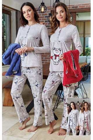 Bone Club 4612 Mavi Yelekli Spor Hamile Lohusa 3 Lü Pijama Yelek Takım