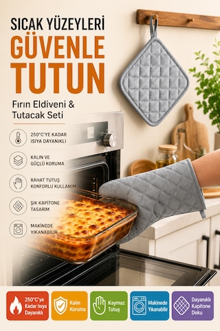 Gri Fırın Eldiveni Ve Tutacak Seti Isıya Dayanıklı Kapitone Mutfak Eldiveni Fırın Tutacağı Gri Renk.