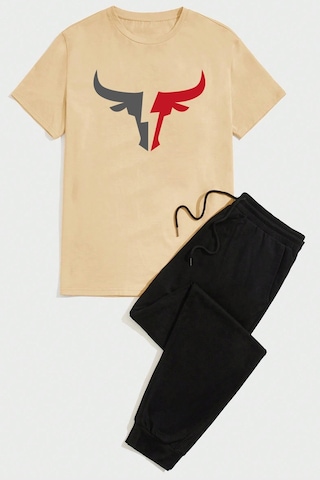 Unisex Boğa Baskılı Eşofman Takımı Bej Siyah