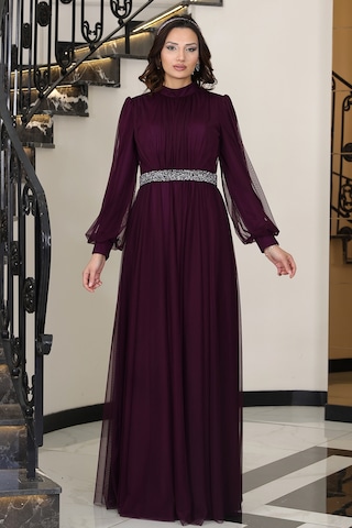 Alia Şık Taş Detaylı Büyük Beden Tesettür Abiye - Alya Mürdüm