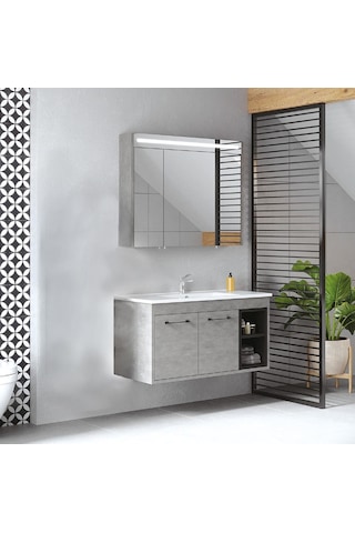 Denko Latte 100 Cm Mdf Retro Gümüş Banyo Dolabı Takımı Gümüş