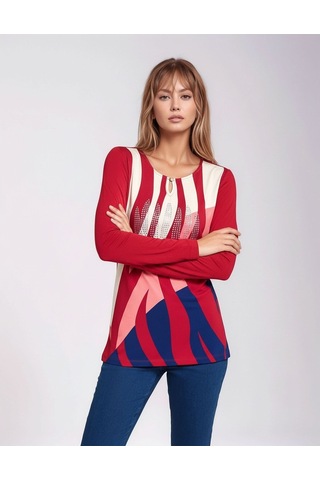 Kadın Bisiklet Yaka Esnek Desenli Taşlı Viskon Uzun Kol Curve Büyük Beden Bluz Kırmızı