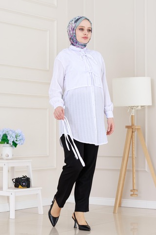 Sevitli Cepken Detaylı Bağlamalı Keten Tunik-beyaz-5117 Beyaz