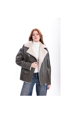 M M Marki Marki Kadın Hakiki Deri Mont, İçi Hakiki Kürklü Mont, Oversize, Salaş Kadın Mont, Haki Renk Deri Mont