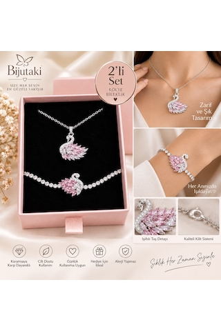 Bijutaki Pembe Taşlı Kuğu Figürlü Kolye Ve Bileklik Seti Gümüş Renk 2 Li Takı Seti