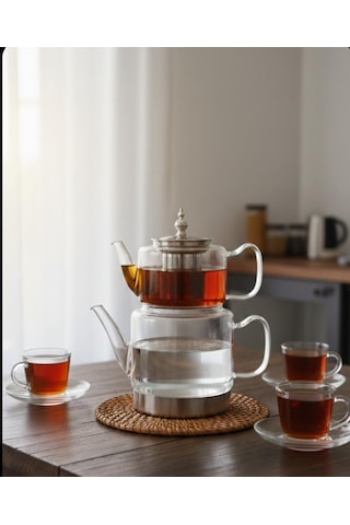 İndüksiyon Tabanlı Borosilikat Cam Çaydanlık Takımı 500 Ml Demlik 1800 Ml Suluk Şeffaf