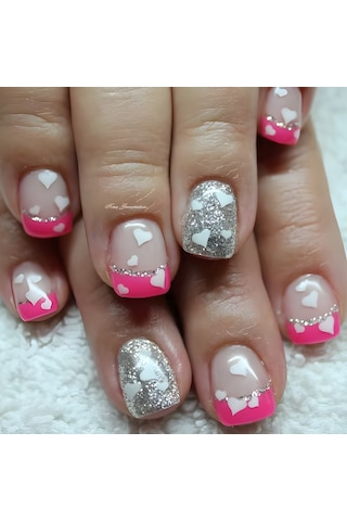 Kısa Parlak Aşk Gül Pembe Simli Tırnak Takma Tırnak Basit Günlük Tırnak Çıkartmaları 24 Parça Dahil Araçlar Ys519