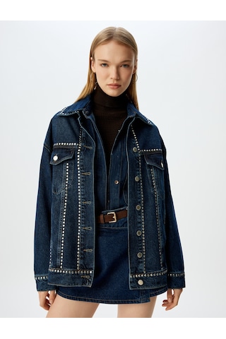 Koton Taşlı Cep Detaylı Klasik Yaka Düğmeli Oversize Kot Ceket Koyu İndigo 5wal50052md Dark Indigo İndigo