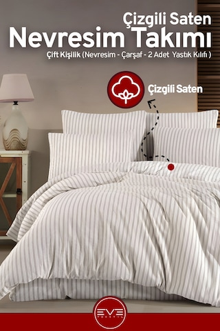Saten Çizgili Çift Kişilik Lüks Nevresim Takımı Set 200x200 Cm Yeşil