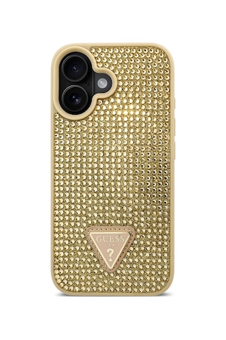 Apple Uyumlu iPhone 16 Plus Kılıf Guess Lisanslı Üçgen Logolu Taşlı Kapak Gold