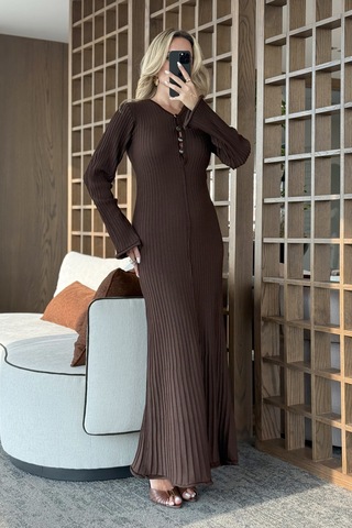 Kahverengi Streç Midi Boy Elbise - 1725 Kahverengi