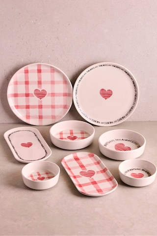 Hearts 14 Parça 6 Kişilik Kalpli Seramik Stackable Kahvaltı Seti Sunum Tabağı Cokrenklı Pembe