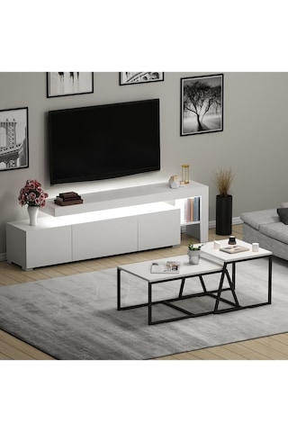Beliz LED Işıklı TV Sehpası ve Minimal 2'li Orta Sehpa Takımı – Beyaz – Modern Oturma Odası Seti