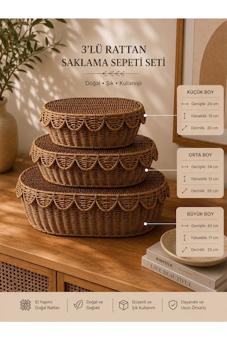Qerhome Dantel Kenarlı 3'lü Rattan Sepet - Kapaklı Hasır Düzenleyici Kutular & Dekoratif Kutusu Mn-1684 Sarı