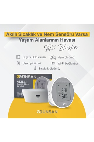 Günsan Akıllı Wifi Sıcaklık & Nem Sensörü + Akıllı Wifi Su Kaçağı Dedektörü Kablolu Tuya & Smart Life Uyumlu Beyaz