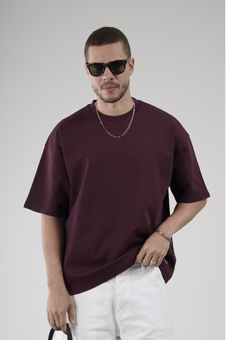 Bisiklet Yaka Oversize Erkek Süprem Tişört Bordo